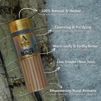 The Aroma Factory Dhoop Batti Set (Palo Santo, Amber & Myrrh, White Sage, Chandan, Oudh & White Woods) Herbal Dhup Sticks in Jute Bag, 5 Bottles x 100g