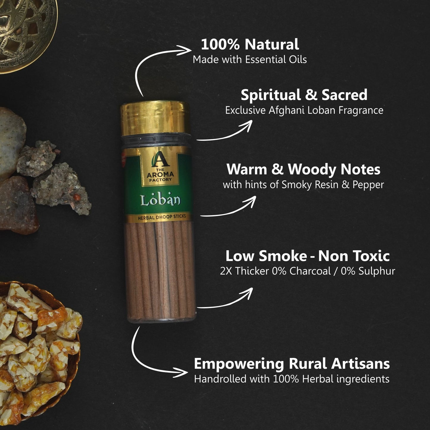 The Aroma Factory Dhoop Batti Set (Musk, Oudh & White Wood, Loban, Rose, Kesar Chandan) Herbal Dhup Sticks in Jute Bag, 5 Bottles x 100g