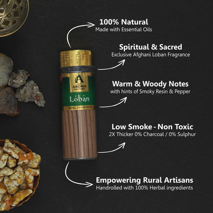 The Aroma Factory Dhoop Batti Set (Musk, Oudh & White Wood, Loban, Rose, Kesar Chandan) Herbal Dhup Sticks in Jute Bag, 5 Bottles x 100g