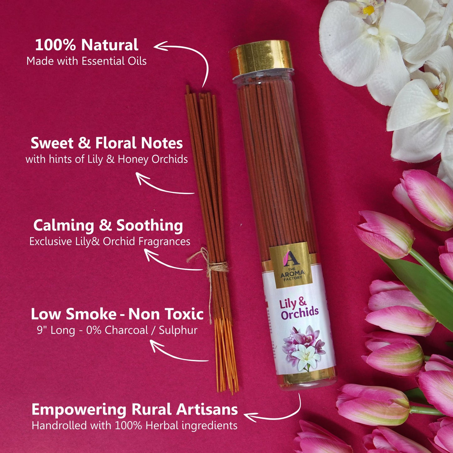 The Aroma Factory Organic Incense Sticks (Herbal Agarbatti for Smudging, Cleansing) 0% Charcoal, 0% Sulphur, 3 x 100g Bottle (Rose Patchouli, Mint & Lavender & Lily & Orchid)