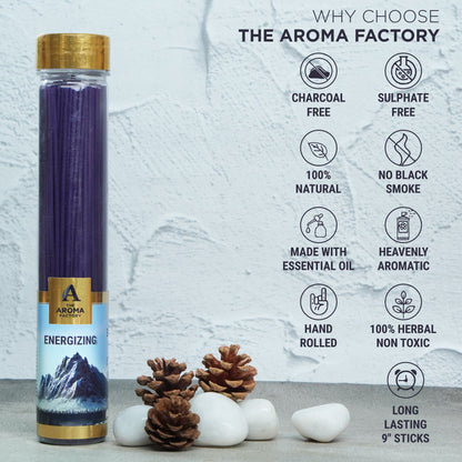 The Aroma Factory Organic Incense Sticks (Herbal Agarbatti for Smudging, Cleansing) 0% Charcoal, 0% Sulphur, 3 x 100g Bottle (Meditation, Stress Relief & Energizing)