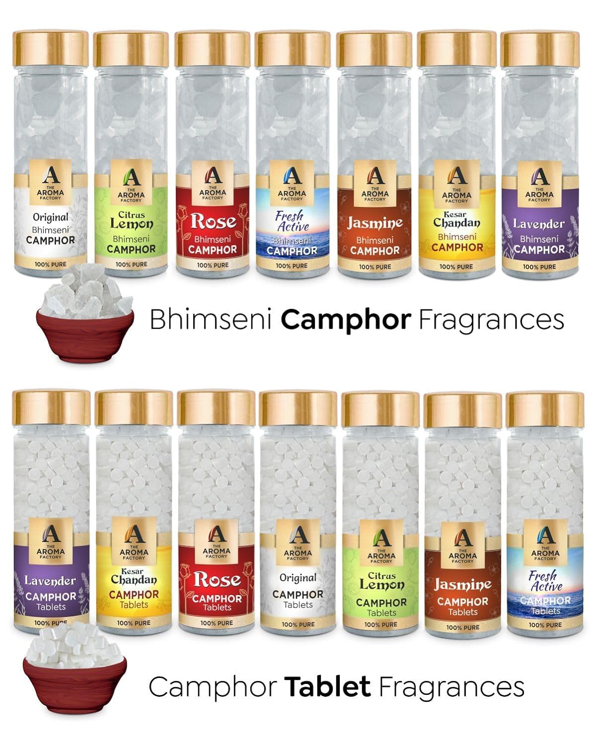 The Aroma Factory Pure Camphor Tablets, Kesar Chandan, Zero Residue Kapoor with Fragrance for Pooja, Aarti Kapur | Bottle Pack of 1 x 80gm