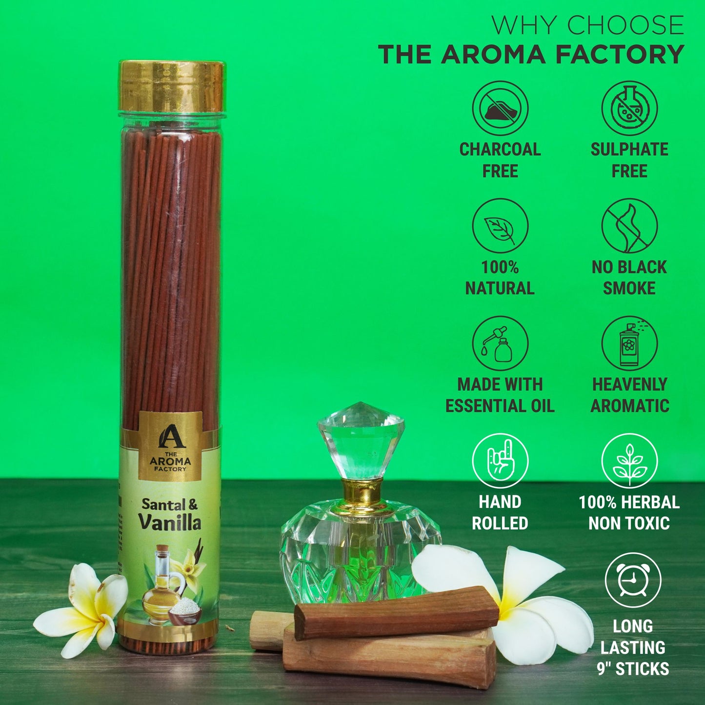 The Aroma Factory Organic Incense Sticks (Herbal Agarbatti for Smudging, Cleansing) 0% Charcoal, 0% Sulphur, 3 x 100g Bottle (Santal & Vanilla, Jasmine & Chocolate & Clove & Lemon)