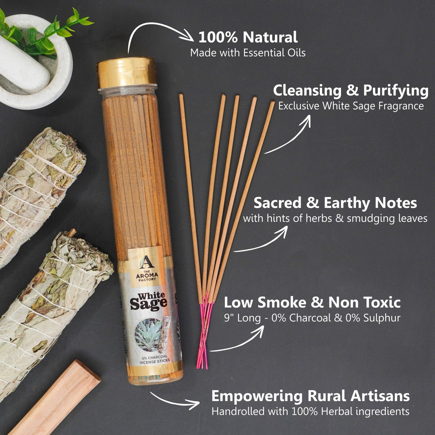 The Aroma Factory White Sage, Sandalwood & 3in1 Agarbatti for Pooja,Luxury Incense Sticks,100% Herbal Fragrance Agarbathi (Bottle Pack of 3x100g)