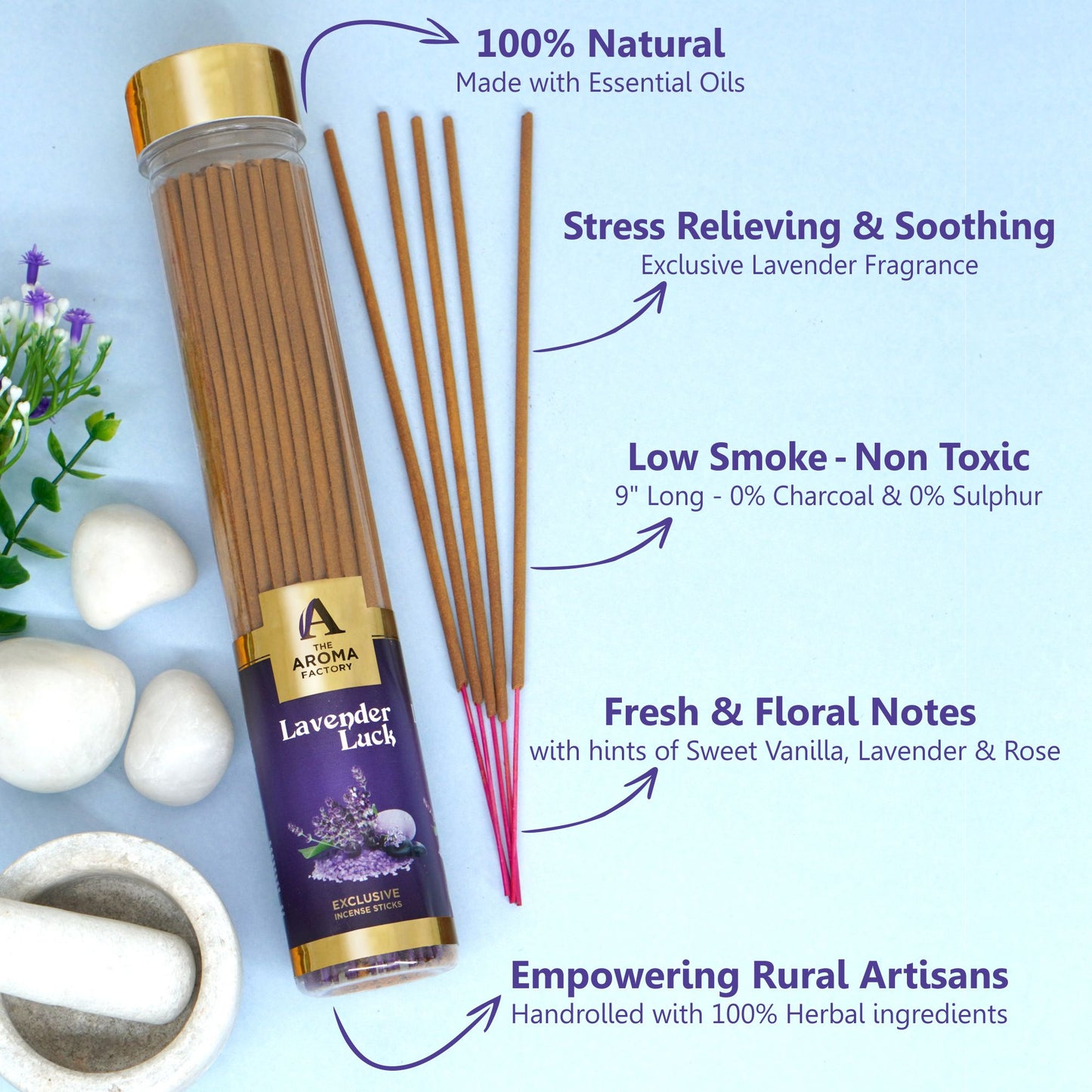 The Aroma Factory Lavender Serenity Set, Complete Aroma Collection of Agarbatti, Dhoop Batti, Dhoop Cone, Camphor Tablet & Reed Diffuser, Combo of 5