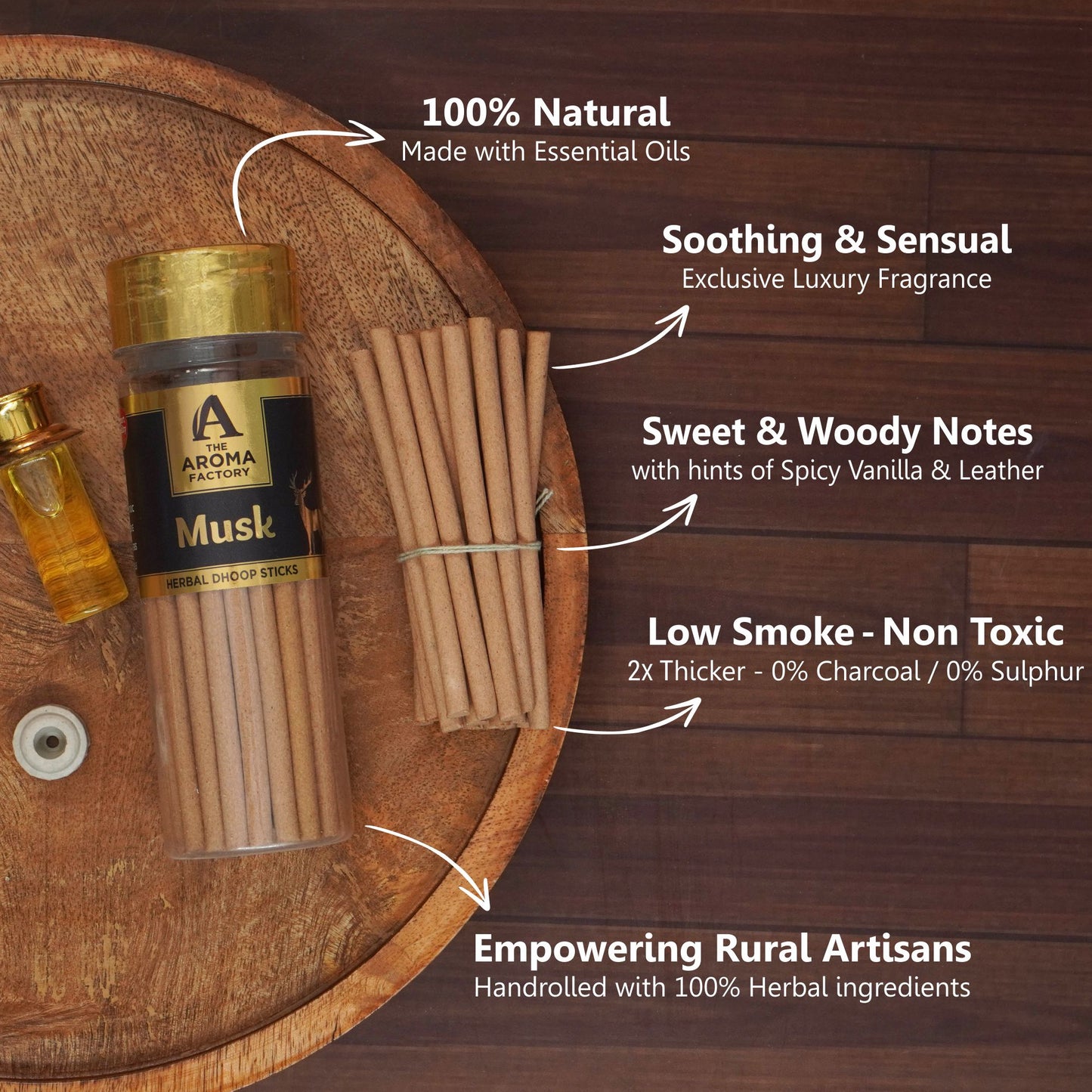 The Aroma Factory Dhoop batti, No Bamboo Herbal Dhoop Sticks with Incense Holder, 3 Bottle x 100 g (Kasturi Musk, Oudh & White Woods & Kesar Chandan)