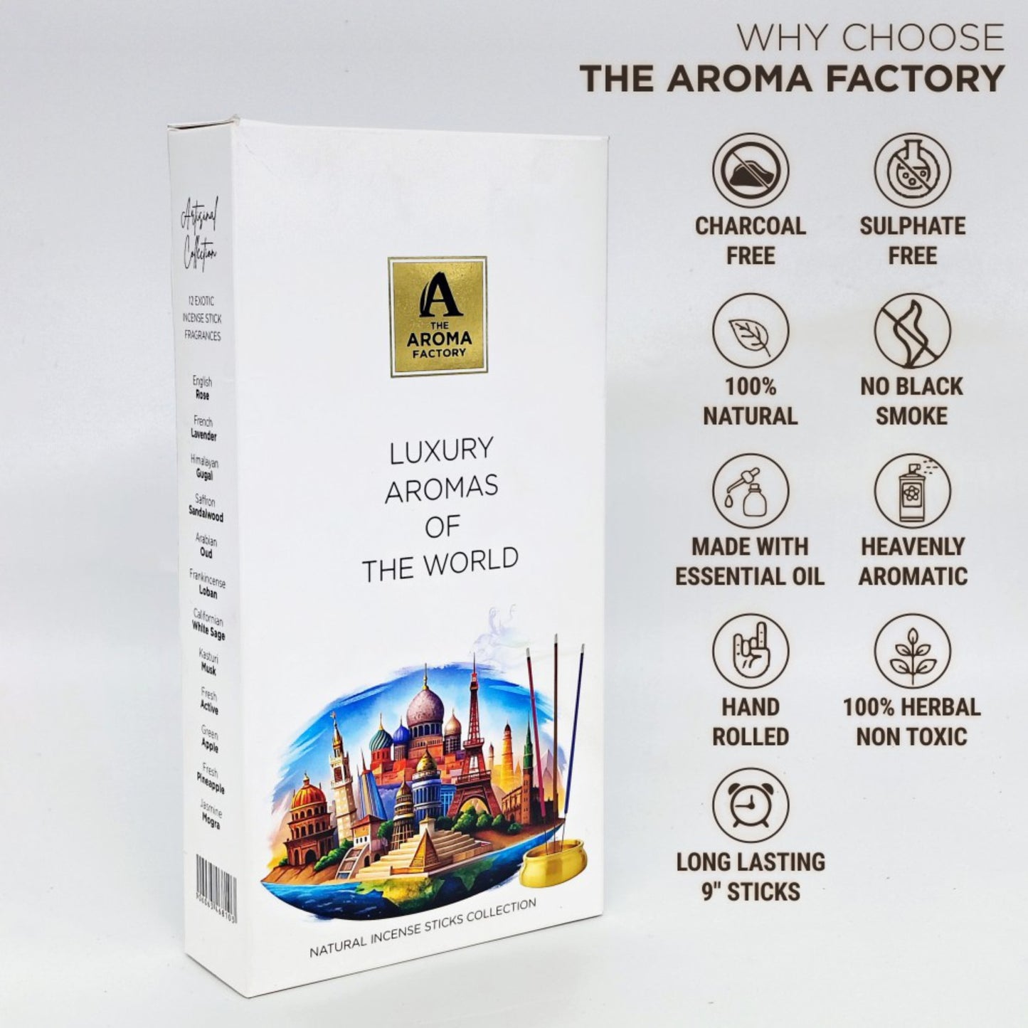 The Aroma Factory Premium Incense Sticks 12 Agarbatti Fragrances x 20 sticks each, Gift Set, 240 sticks