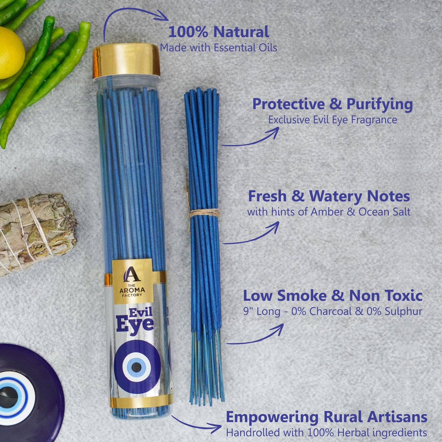 The Aroma Factory Organic Incense Sticks (Herbal Agarbatti for Smudging, Cleansing) 0% Charcoal, 0% Sulphur, 3 x 100g Bottle (Palo Santo, White Sage & Neroli & Evil Eye)