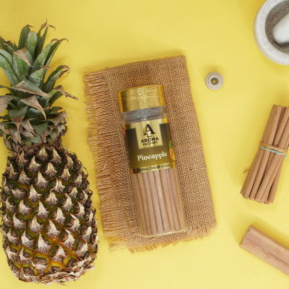 The Aroma Factory Dhoop Batti Set (Pineapple, Santal & Vanilla, Jasmine & Chocolate, Clove & Lemon, Fresh Active) Herbal Dhup Sticks in Jute Bag, 5 Bottles x 100g