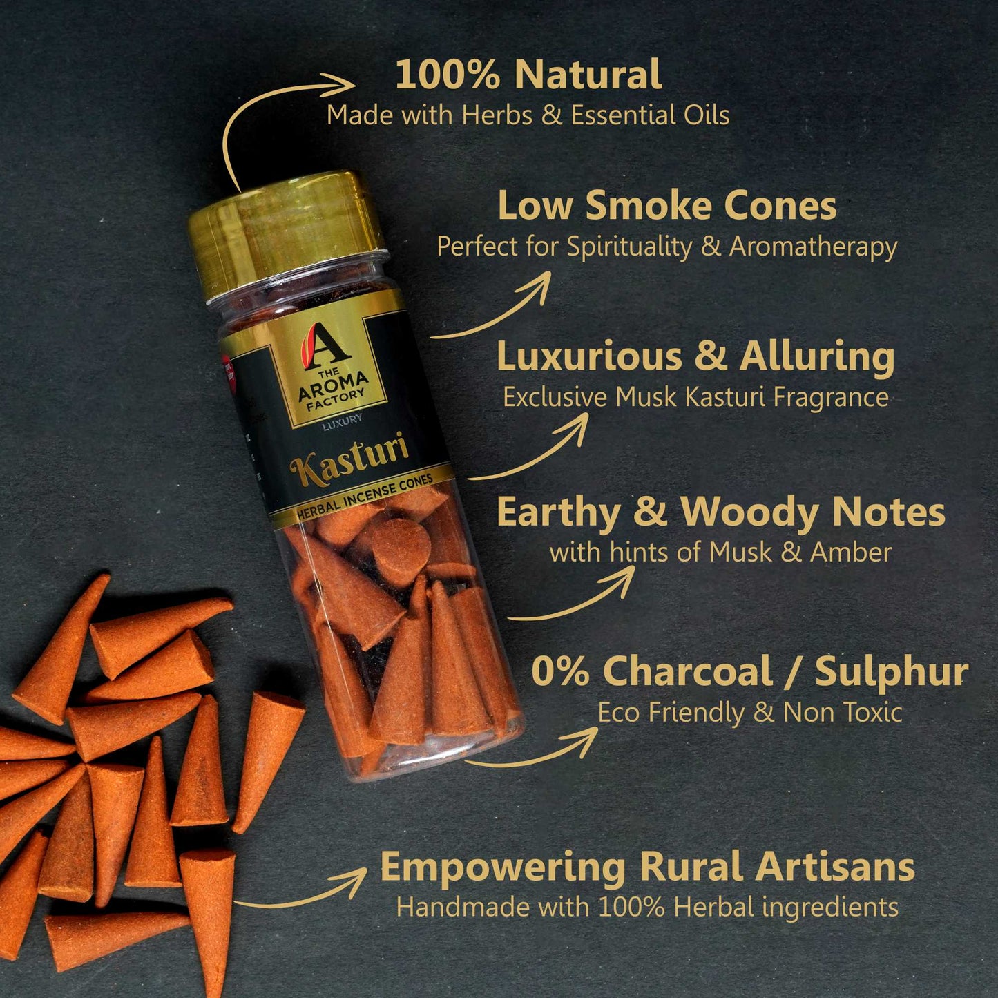 The Aroma Factory Organic Incense Dhoop Cones ( Oudh, Loban, Musk ) No Charcoal | No Bamboo | 100% Herbal Fragrance | Assorted Pooja Dhoop, 3 x 90g