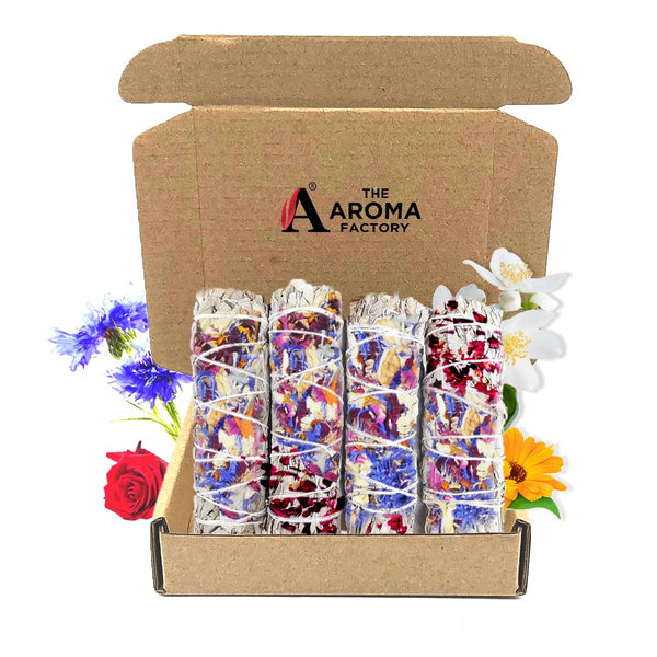 The Aroma Factory Natural White Sage Dry Leaves with Mix Flowers Smudging Sticks Bundles (6 Inch x 30g Each)  Pack of 4