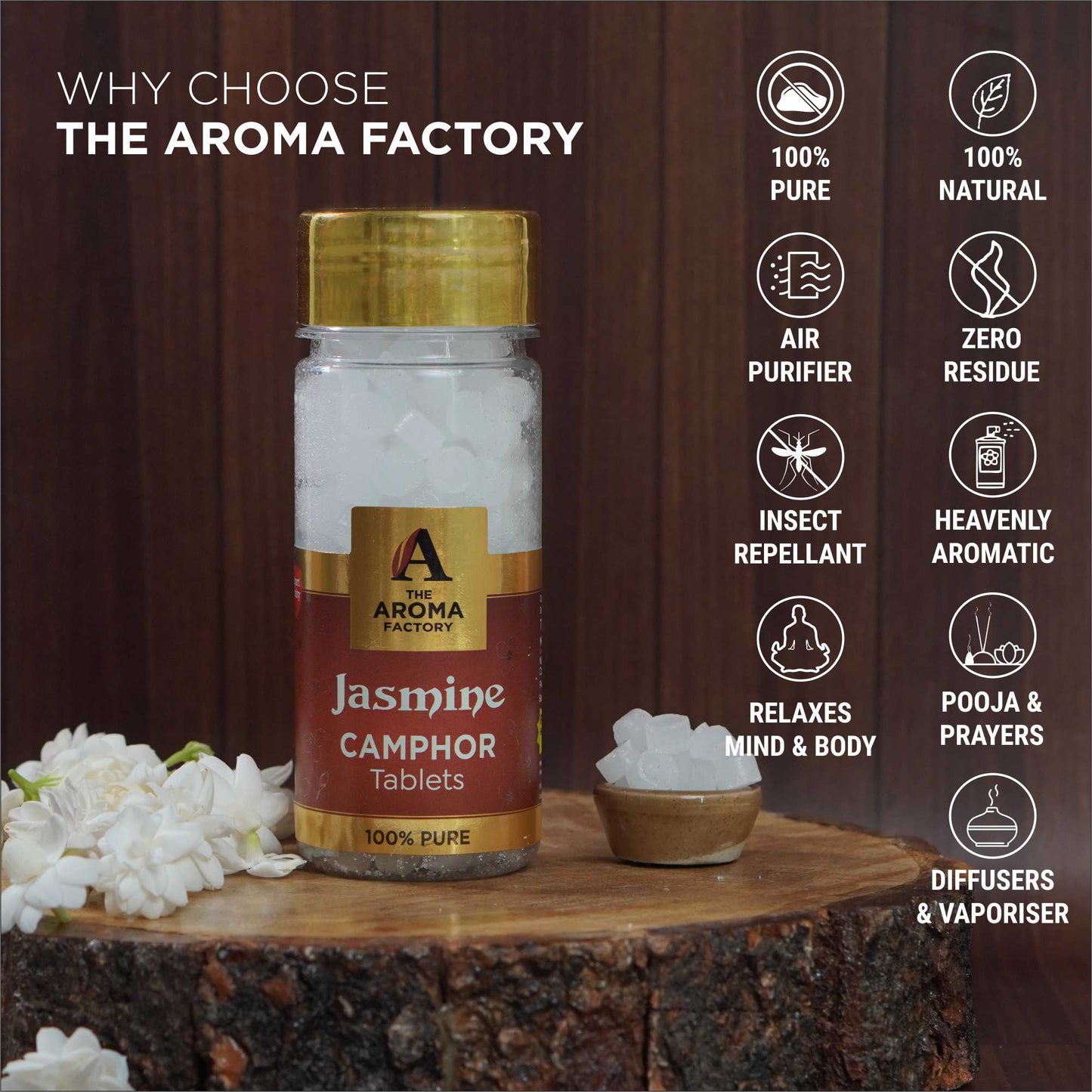 The Aroma Factory Pure Camphor Tablets, Jasmine, Zero Residue Kapoor with Fragrance for Pooja, Aarti Kapur | Bottle Pack of 1 x 80gm