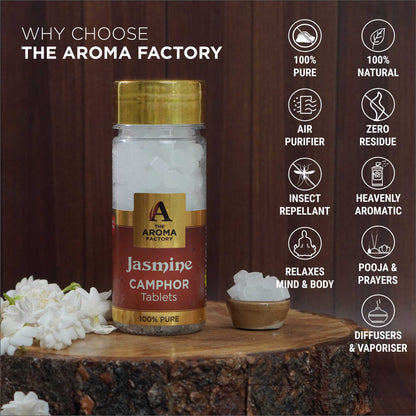 The Aroma Factory Pure Camphor Tablets, Jasmine, Zero Residue Kapoor with Fragrance for Pooja, Aarti Kapur | Bottle Pack of 1 x 80gm