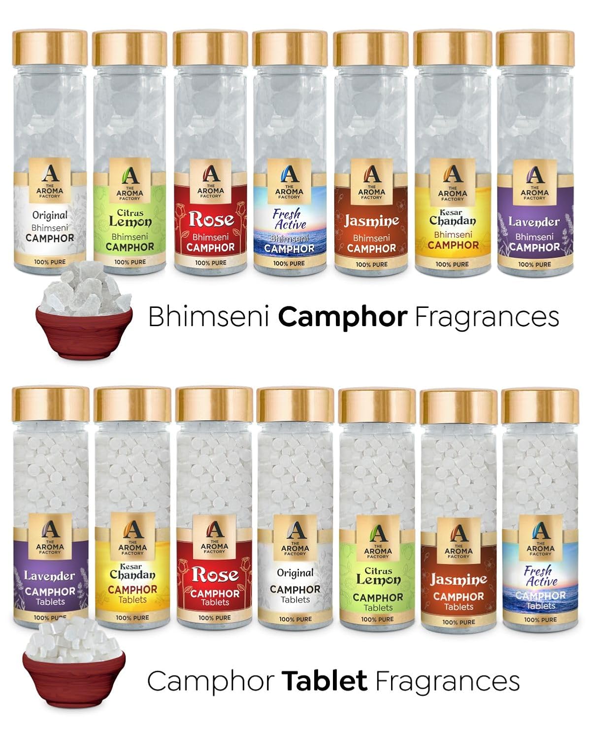 The Aroma Factory 100% Pure Camphor Tablets Lavender,Jasmine & Rose Fragrances Pack of 3 Bottle