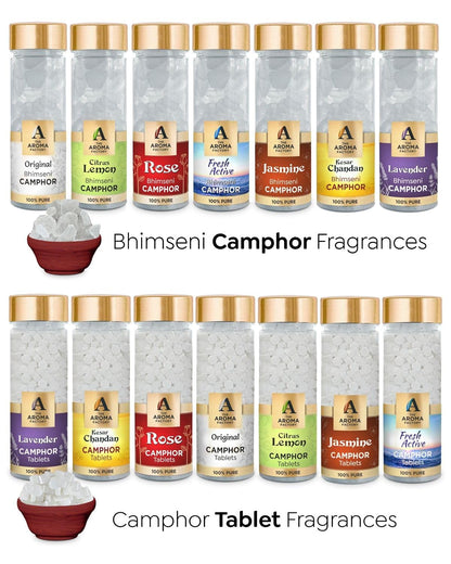The Aroma Factory 100% Pure Bhimseni Camphor Fresh Active,Original,Rose,Lavender & Jasmine Fragrances Pack of 5 Bottle