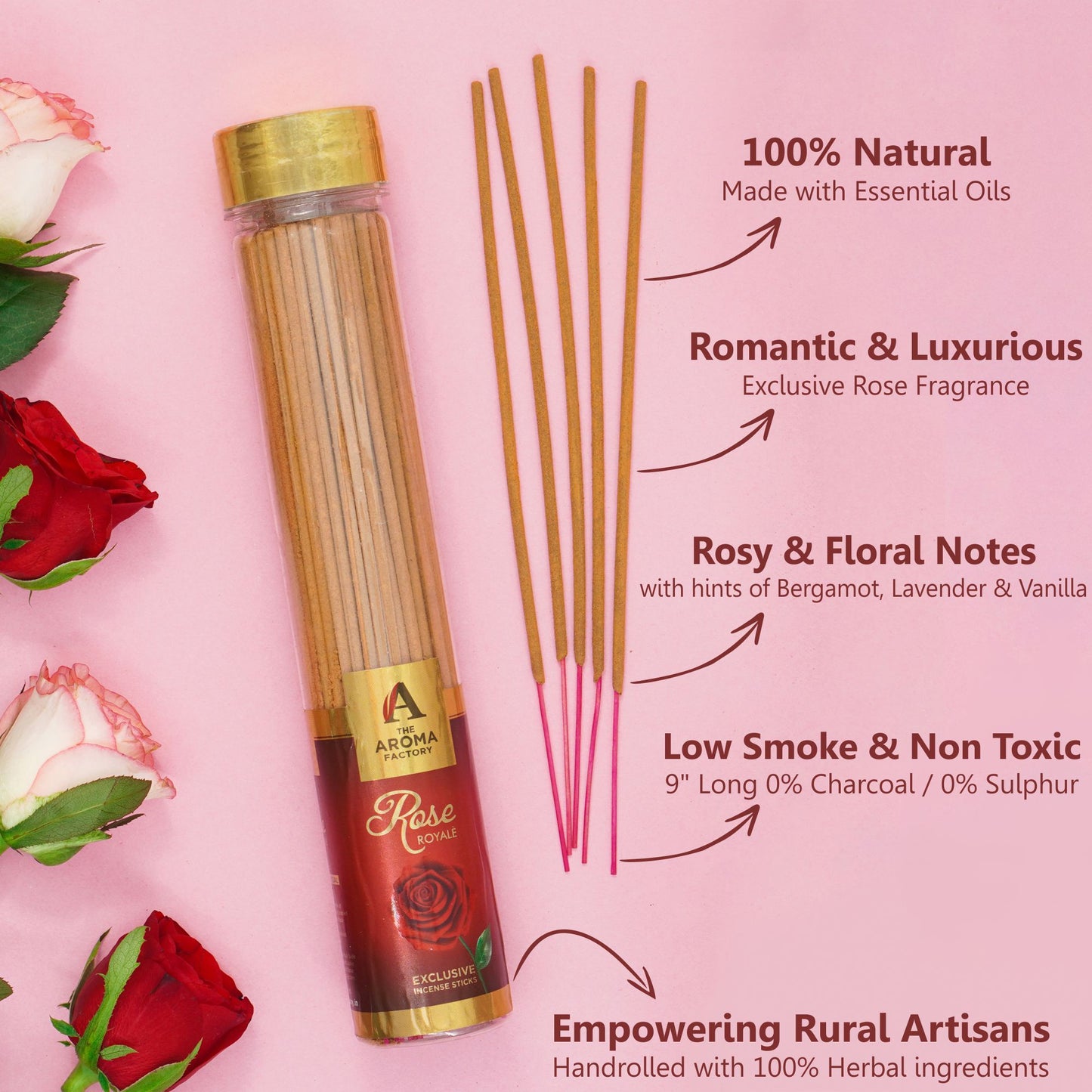 The Aroma Factory Blissful Rose, Complete Fragrance Collection of Agarbatti, Dhoop Batti, Dhoop Cone, Camphor Tablet & Reed Diffuser, Combo of 5