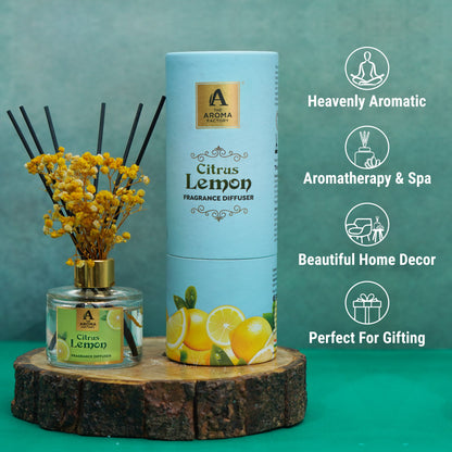 The Aroma Factory Fragrance Diffuser Set with Fibre Reed Sticks, Real Flowers, 100 ml (3.4 Oz) Aroma Oil (Lemon, 1 Box)