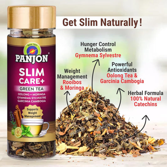 Panjon Slim Care+ Green Tea For Weight Loss with Oolong, Moringa, Lemongrass, Garcinia Cambogia, Rooibos Herb, Gymnema Sylvestre, Jasmine, 1 Jar (40g - 30 TeaCups)