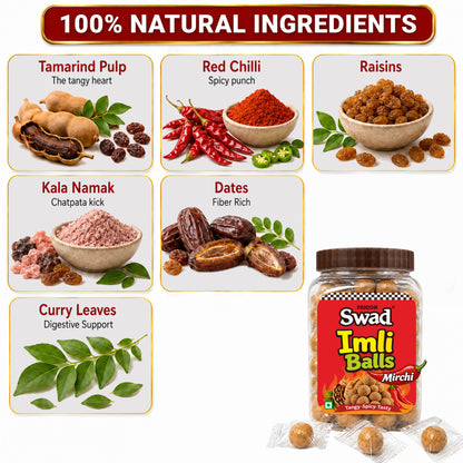 Swad Mirchi Imli Balls Khatti Meethi Candy | Tangy & Spicy Tamarind Candy | Chatpata Imli Goli | Sweet & Sour Indian Candy | Tamarind Balls Jar Pack | 220g