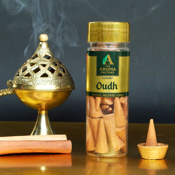 The Aroma Factory Oudh Incense Cone (0% Charcoal 0% Suphates Luxury Oud Dhoop) Free Holder Bottle Pack, 30 Cones