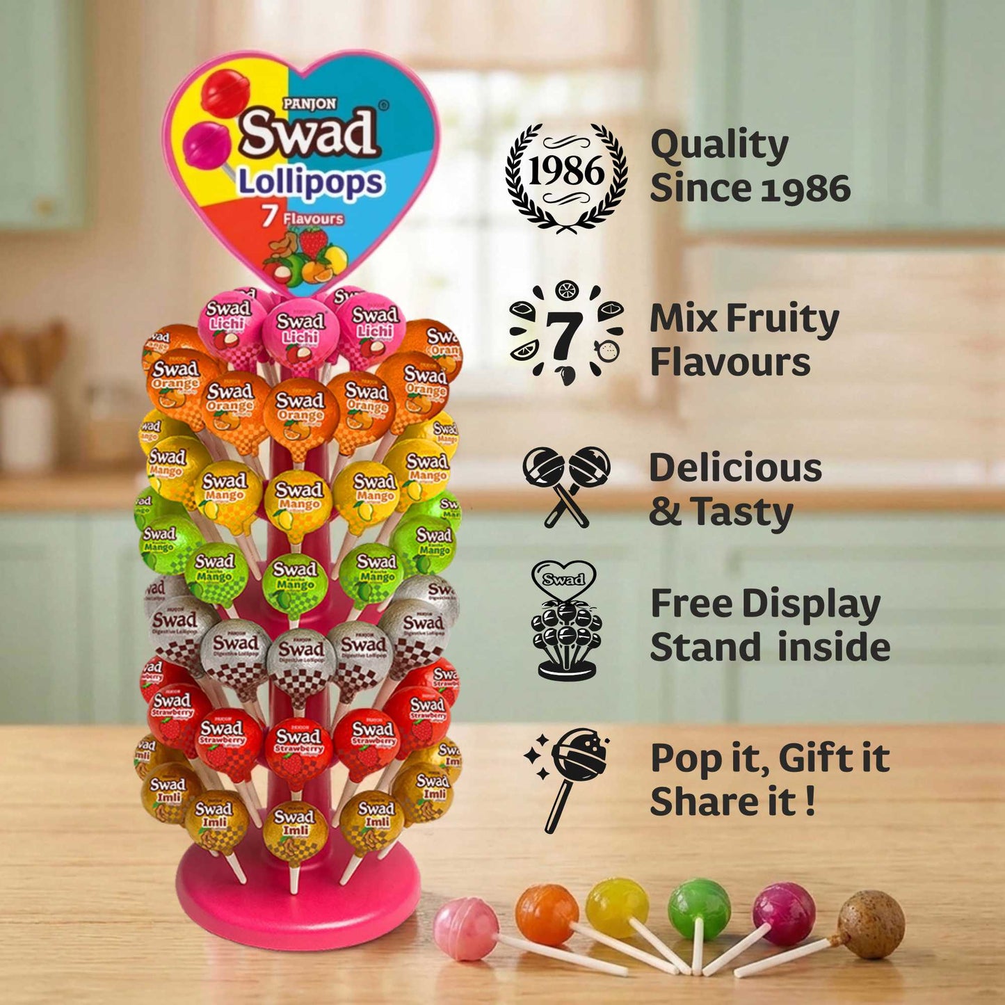 Swad Lollipops Assorted Fruit Flavours | Litchi, Strawberry, Mango, Orange, Kaccha Mango, Imli & Digestive | Candy Dispenser Tree Pack, Birthday Kids Return Gifts, 840g
