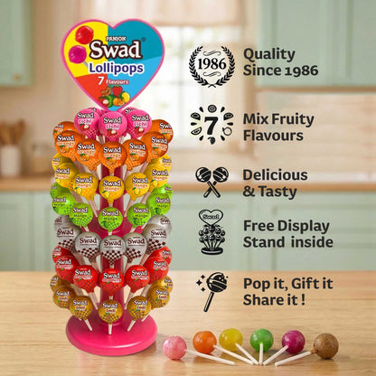 Swad Lollipops Assorted Fruit Flavours | Litchi, Strawberry, Mango, Orange, Kaccha Mango, Imli & Digestive | Candy Dispenser Tree Pack, Birthday Kids Return Gifts, 840g