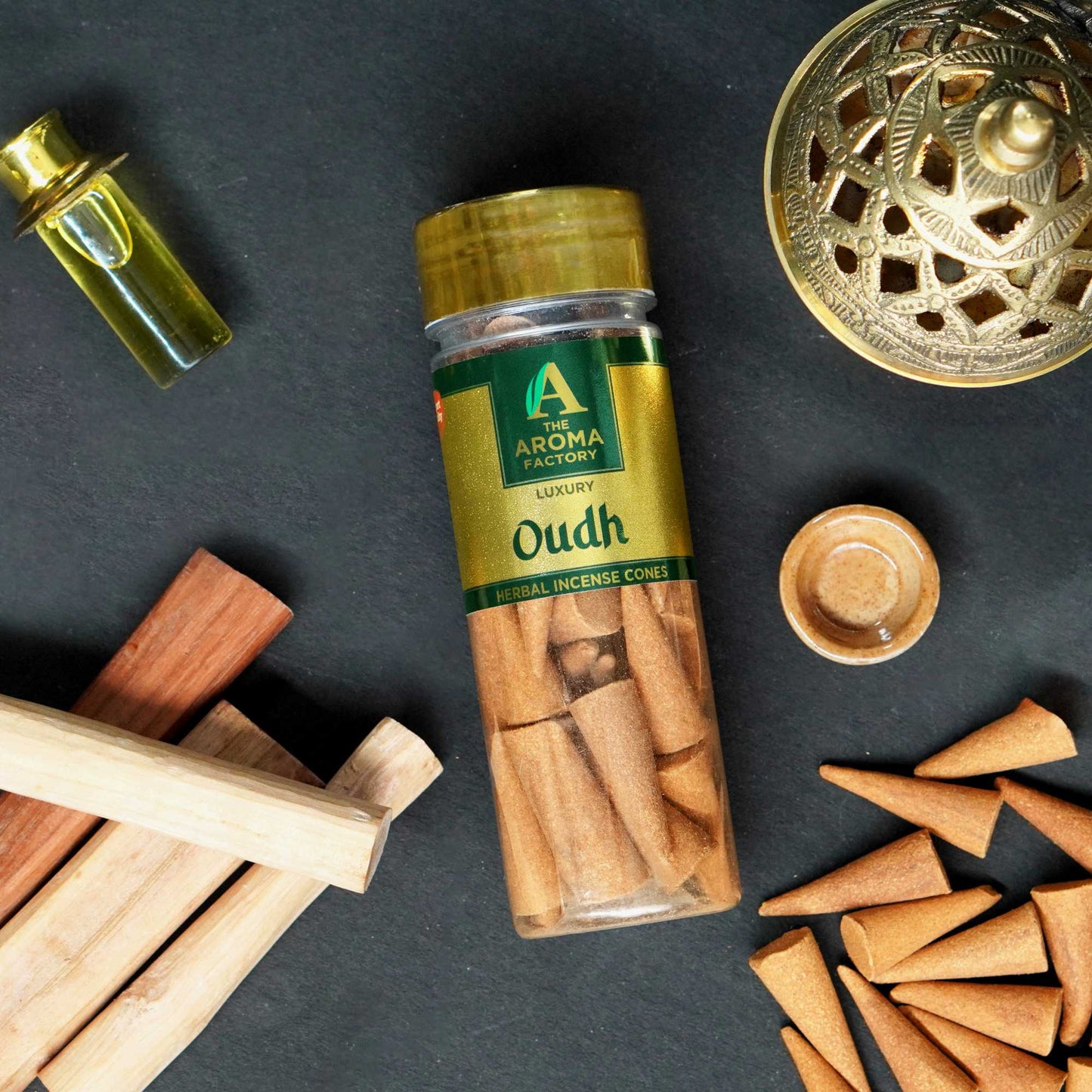The Aroma Factory Oudh Incense Cone (0% Charcoal 0% Suphates Luxury Oud Dhoop) Free Holder Bottle Pack, 30 Cones