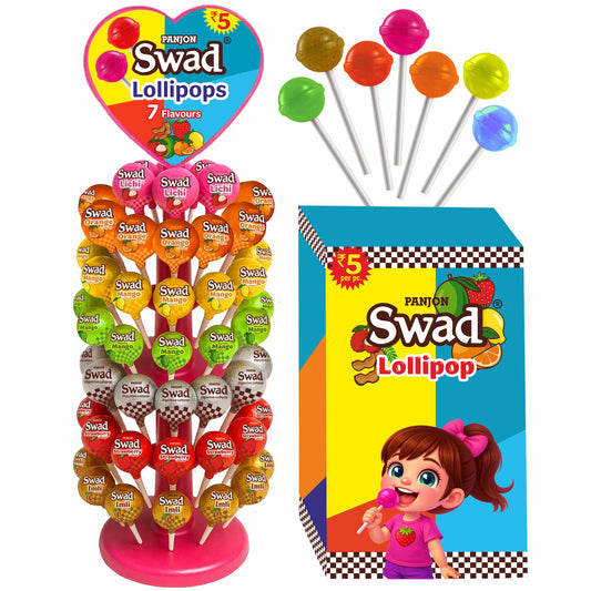 Swad 7 Fruit Flavoured Lollipops – 147 Pieces | Litchi, Strawberry, Mango, Orange, Kaccha Mango, Imli & Digestive | Candy Dispenser Tree Pack, Birthday Party Favors, Kids Return Gifts & Festive Treats