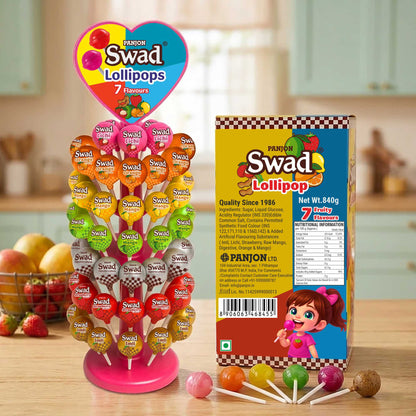 Swad Lollipops Assorted Fruit Flavours | Litchi, Strawberry, Mango, Orange, Kaccha Mango, Imli & Digestive | Candy Dispenser Tree Pack, Birthday Kids Return Gifts, 840g