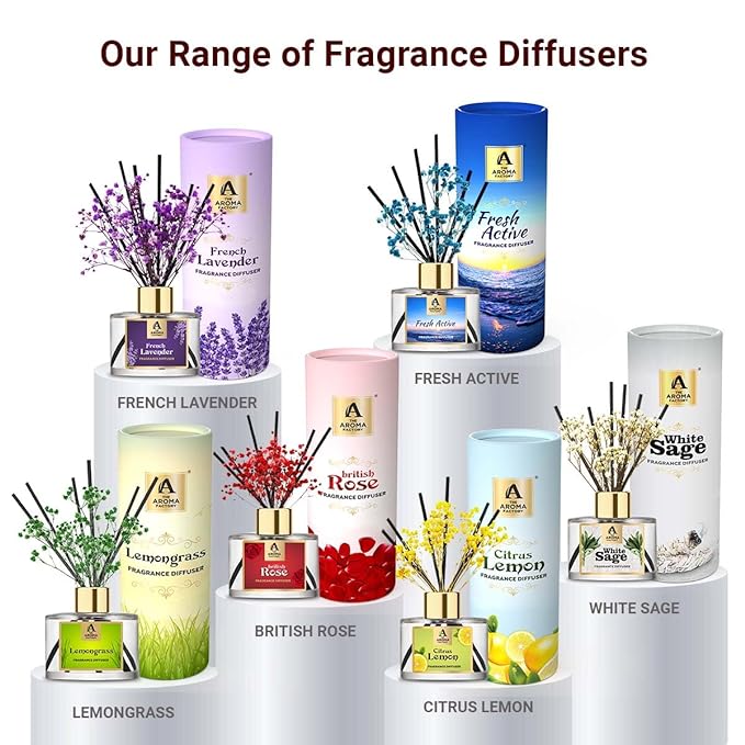 The Aroma Factory Fragrance Diffuser Set with Fibre Reed Sticks, Real Flowers, 100 ml (3.4 Oz) Aroma Oil (Fresh Active, 1 Box)