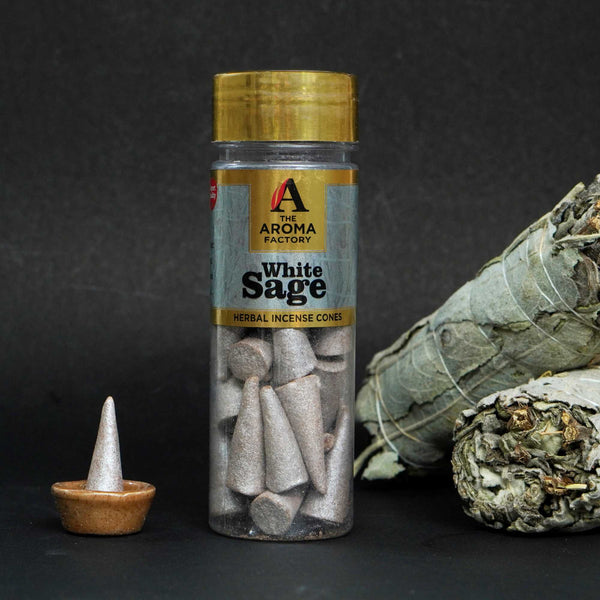 The Aroma Factory White Sage Incense Cone (0% Charcoal 0% Suphates Herbal Smudge Dhoop) Free Holder Bottle Pack, 30 Cones