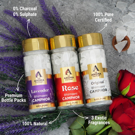 The Aroma Factory Pure Bhimseni Camphor, Lavender, Rose & Original, Zero Residue Kapoor with Fragrance for Pooja, Aarti Kapur | Bottle Pack of 3 x 80gm