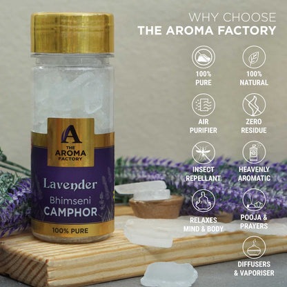 The Aroma Factory Pure Bhimseni Camphor, Lavender, Zero Residue Kapoor with Fragrance for Pooja, Aarti Kapur | Bottle Pack of 1 x 80gm