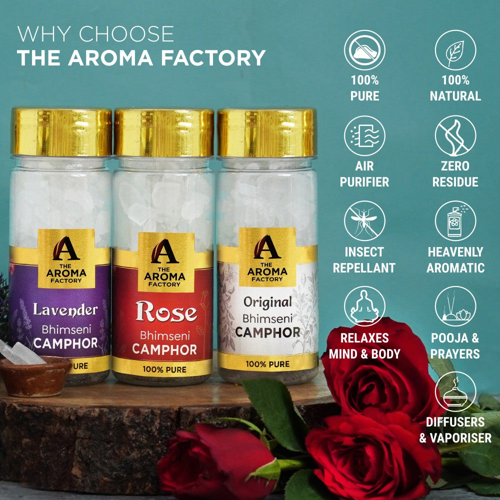 The Aroma Factory Pure Bhimseni Camphor, Lavender, Rose & Original, Zero Residue Kapoor with Fragrance for Pooja, Aarti Kapur | Bottle Pack of 3 x 80gm