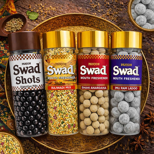 Panjon Swad Mouth Fresheners Digestive Shots, Rajwadi Mukhwas, Anardana Goli, Imli Laddoo, 4 bottle,