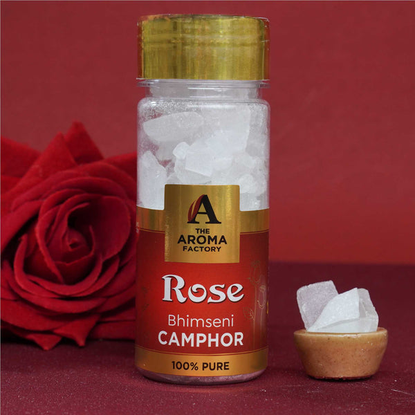 The Aroma Factory Pure Bhimseni Camphor, Rose, Zero Residue Kapoor with Fragrance for Pooja, Aarti Kapur | Bottle Pack of 1 x 80gm