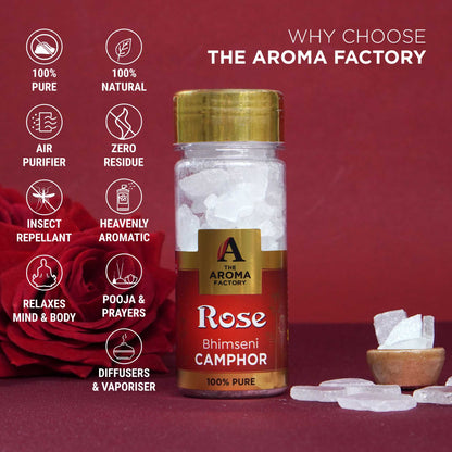 The Aroma Factory Pure Bhimseni Camphor, Rose, Zero Residue Kapoor with Fragrance for Pooja, Aarti Kapur | Bottle Pack of 1 x 80gm