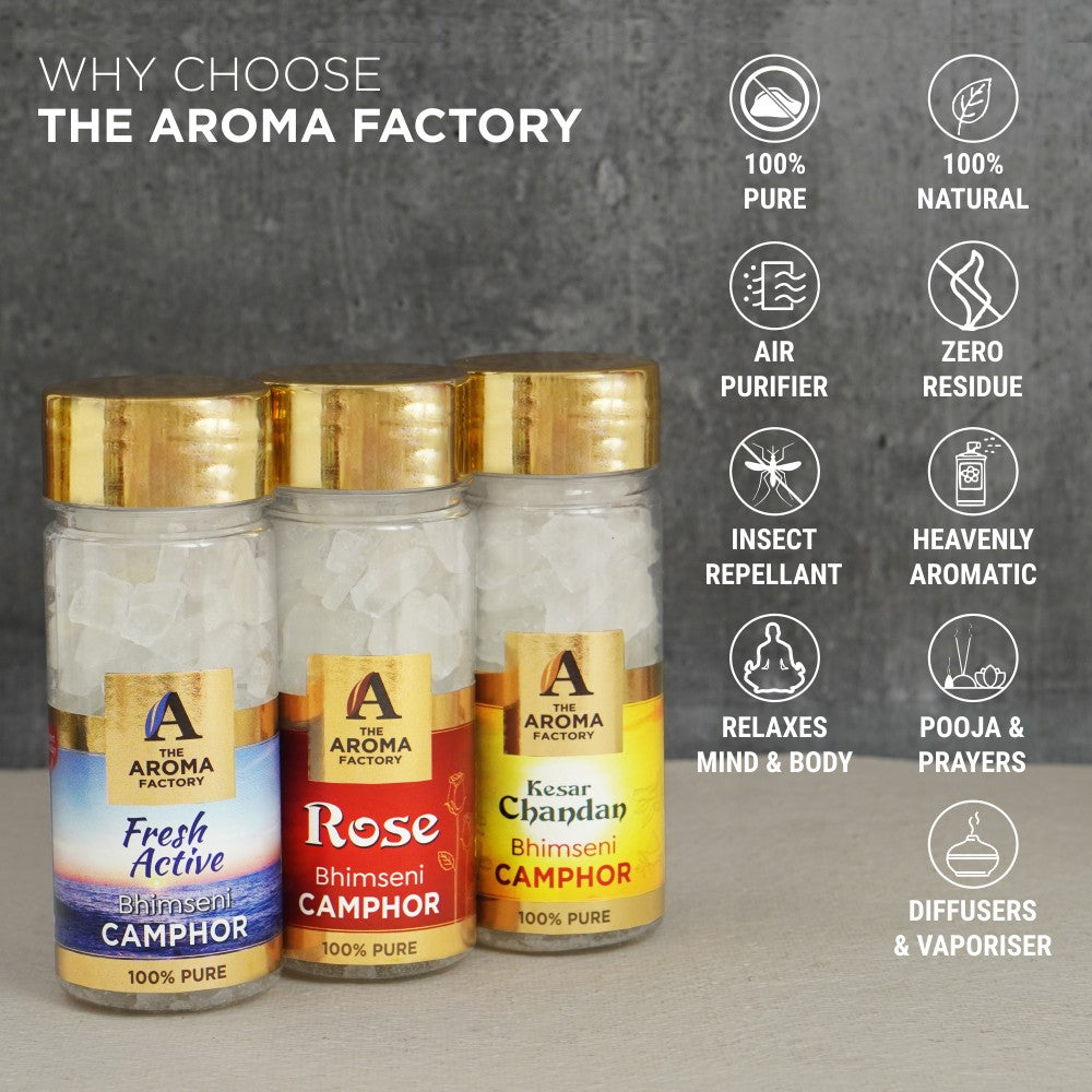 The Aroma Factory Pure Bhimseni Camphor, Fresh Active, Rose & Kesar Chandan, Zero Residue Kapoor with Fragrance for Pooja, Aarti Kapur | Bottle Pack of 3 x 80gm