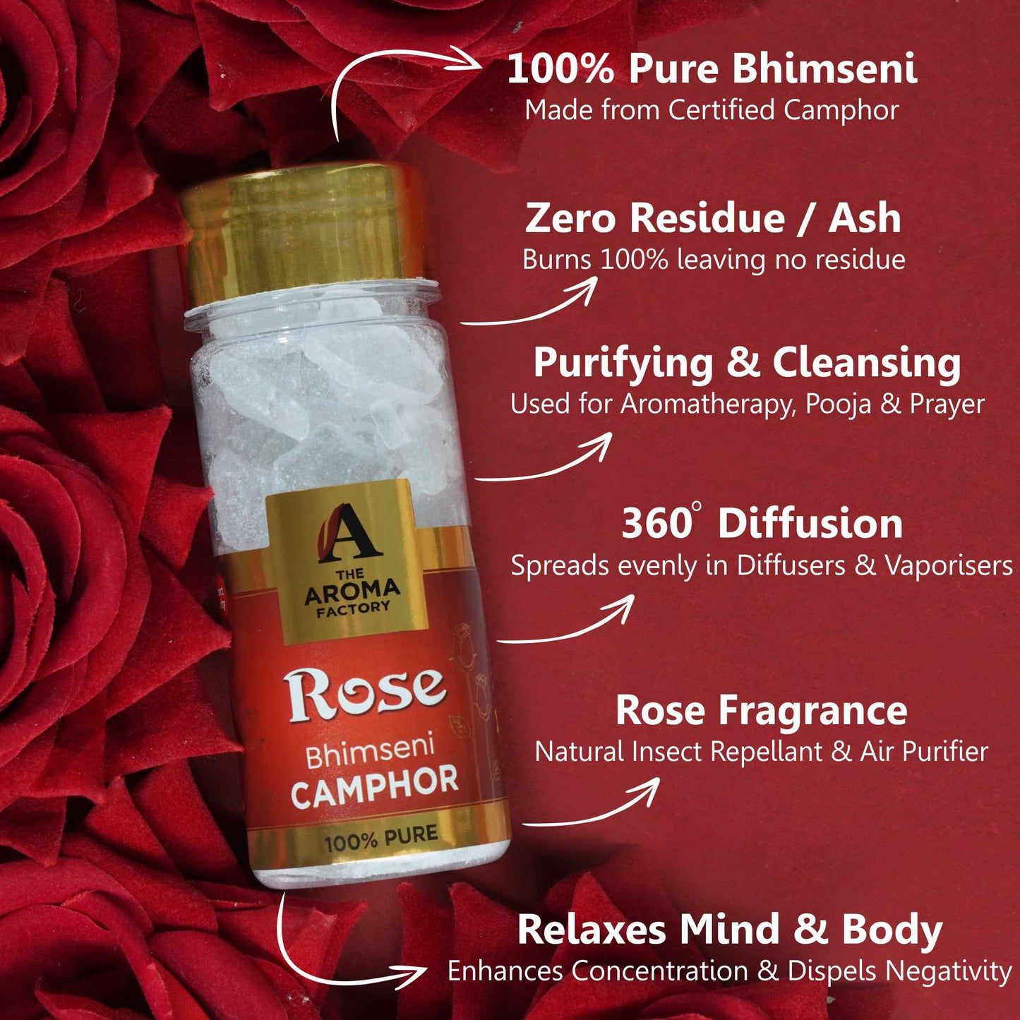 The Aroma Factory Pure Bhimseni Camphor, Rose, Zero Residue Kapoor with Fragrance for Pooja, Aarti Kapur | Bottle Pack of 1 x 80gm