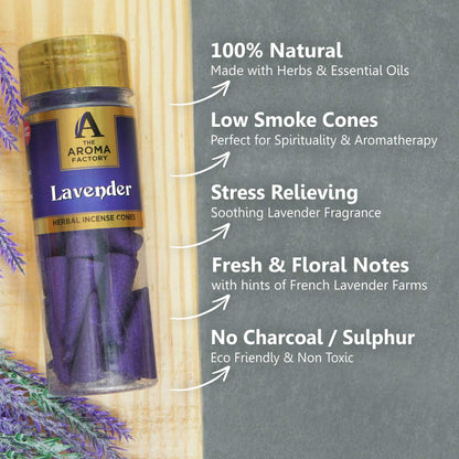 The Aroma Factory Lavender Incense Cone (0% Charcoal 0% Suphates Herbal Dhoop) Free Holder Bottle Pack, 30 Cones