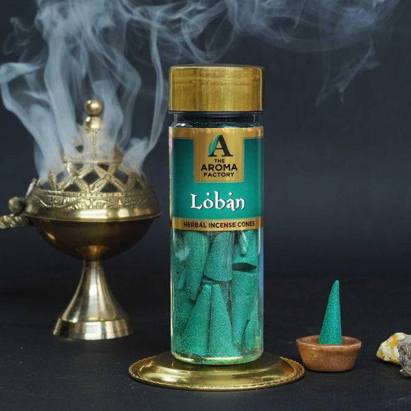 The Aroma Factory Loban Incense Cone (0% Charcoal 0% Suphates Herbal Lobhan Dhoop) Free Holder Bottle Pack, 30 Cones