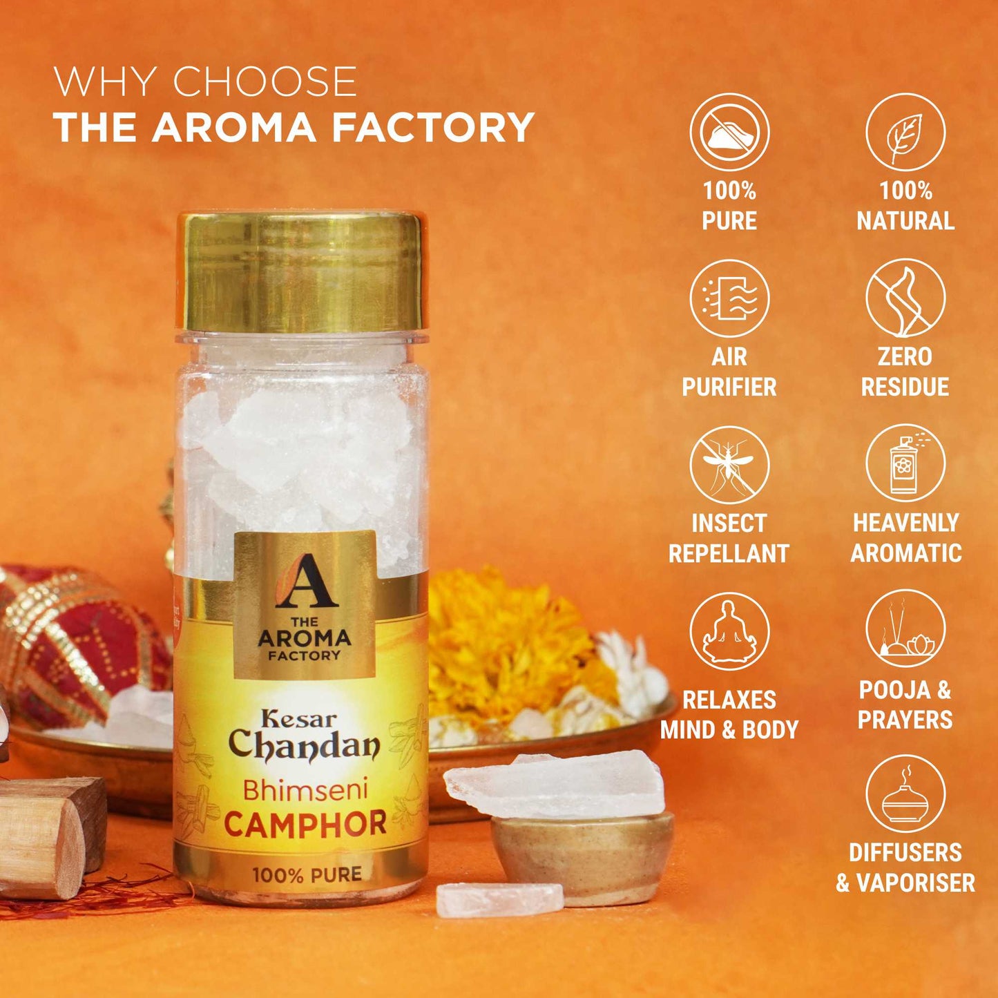 The Aroma Factory Pure Bhimseni Camphor, Kesar Chandan, Zero Residue Kapoor with Fragrance for Pooja, Aarti Kapur | Bottle Pack of 1 x 80gm