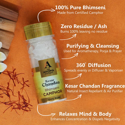 The Aroma Factory Pure Bhimseni Camphor, Kesar Chandan, Zero Residue Kapoor with Fragrance for Pooja, Aarti Kapur | Bottle Pack of 1 x 80gm