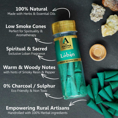 The Aroma Factory Loban Incense Cone (0% Charcoal 0% Suphates Herbal Lobhan Dhoop) Free Holder Bottle Pack, 30 Cones