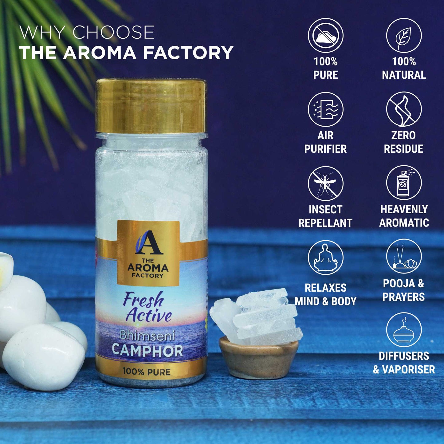 The Aroma Factory Pure Bhimseni Camphor, Fresh Active, Zero Residue Kapoor with Fragrance for Pooja, Aarti Kapur | Bottle Pack of 1 x 80gm