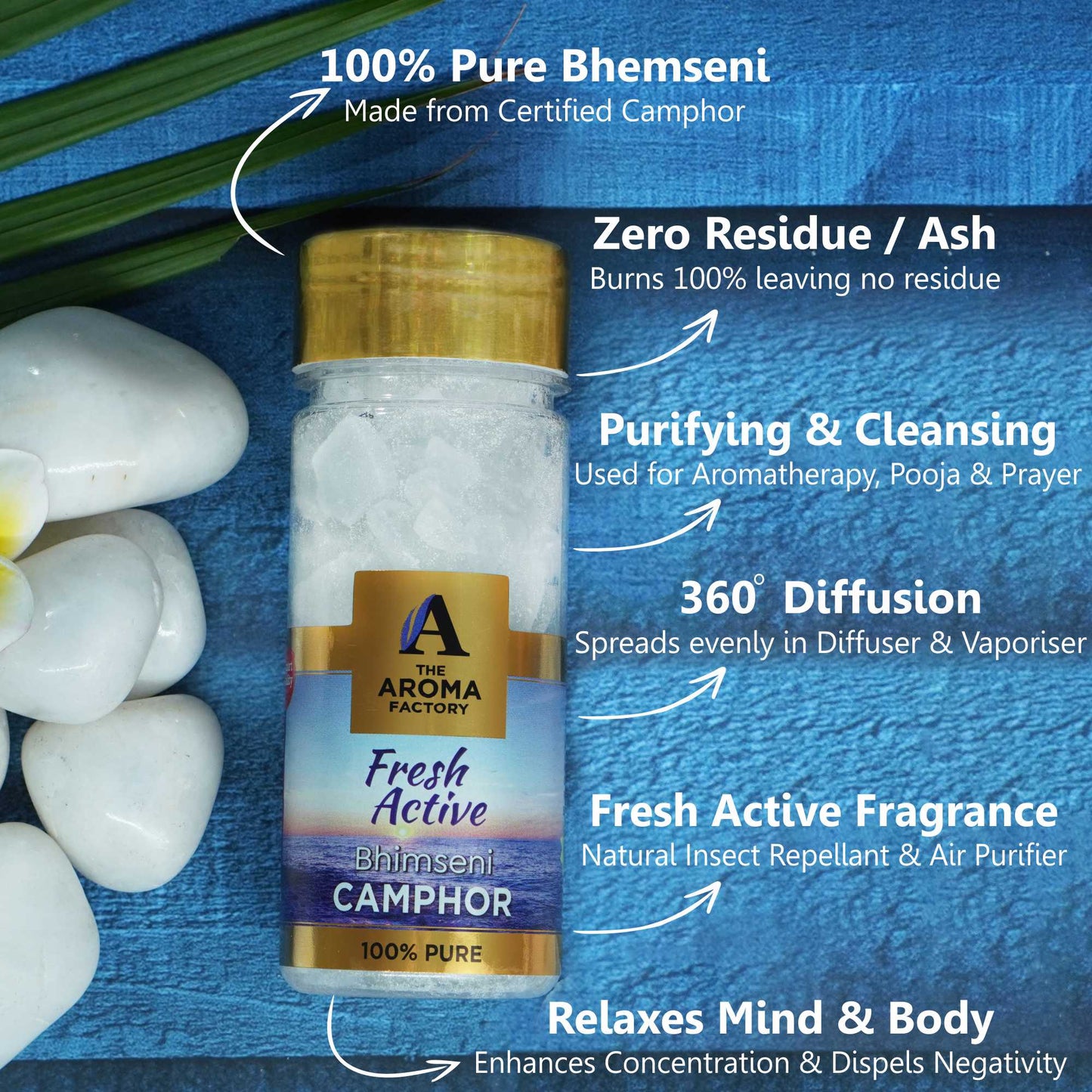 The Aroma Factory Pure Bhimseni Camphor, Fresh Active, Zero Residue Kapoor with Fragrance for Pooja, Aarti Kapur | Bottle Pack of 1 x 80gm