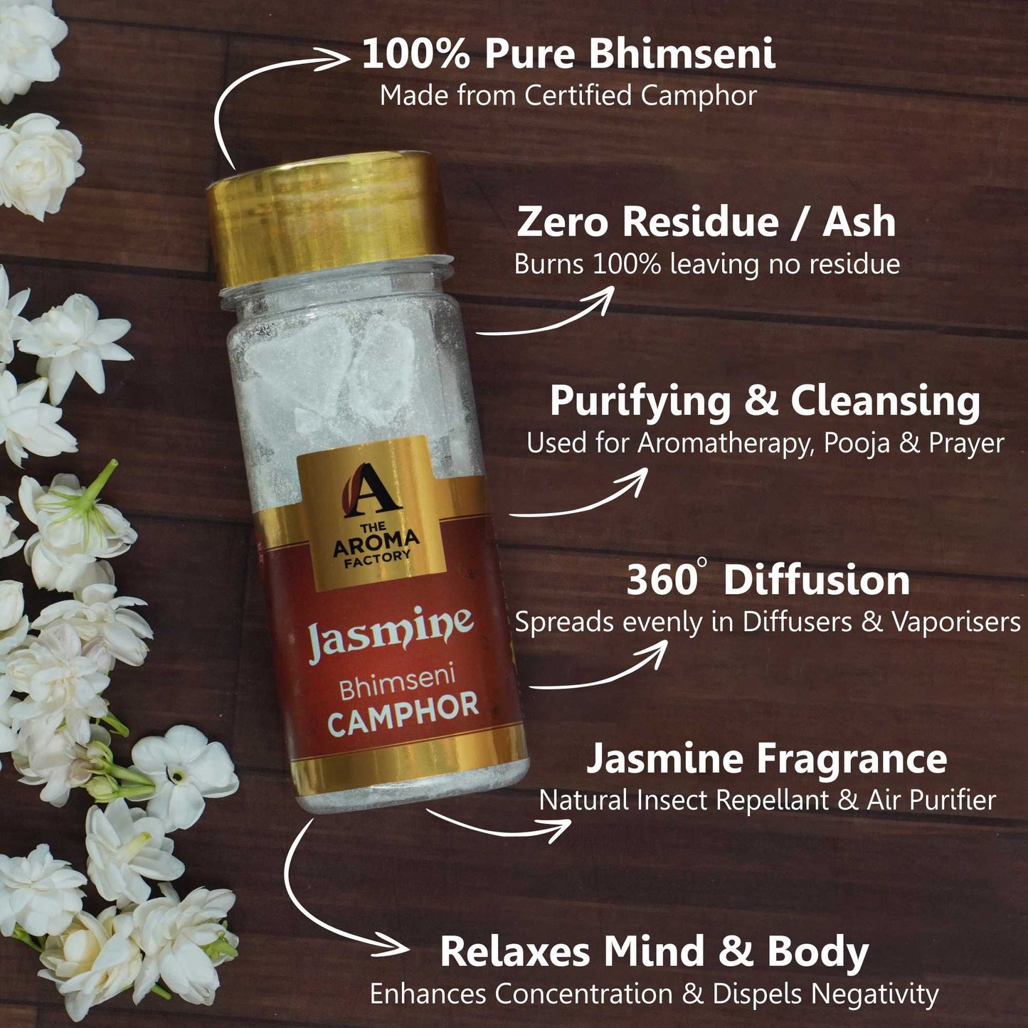 The Aroma Factory Pure Bhimseni Camphor, Lavender ,Citrus Lemon & Jasmine Zero Residue Kapoor with Fragrance for Pooja, Aarti Kapur | Bottle Pack of 3 x 80gm