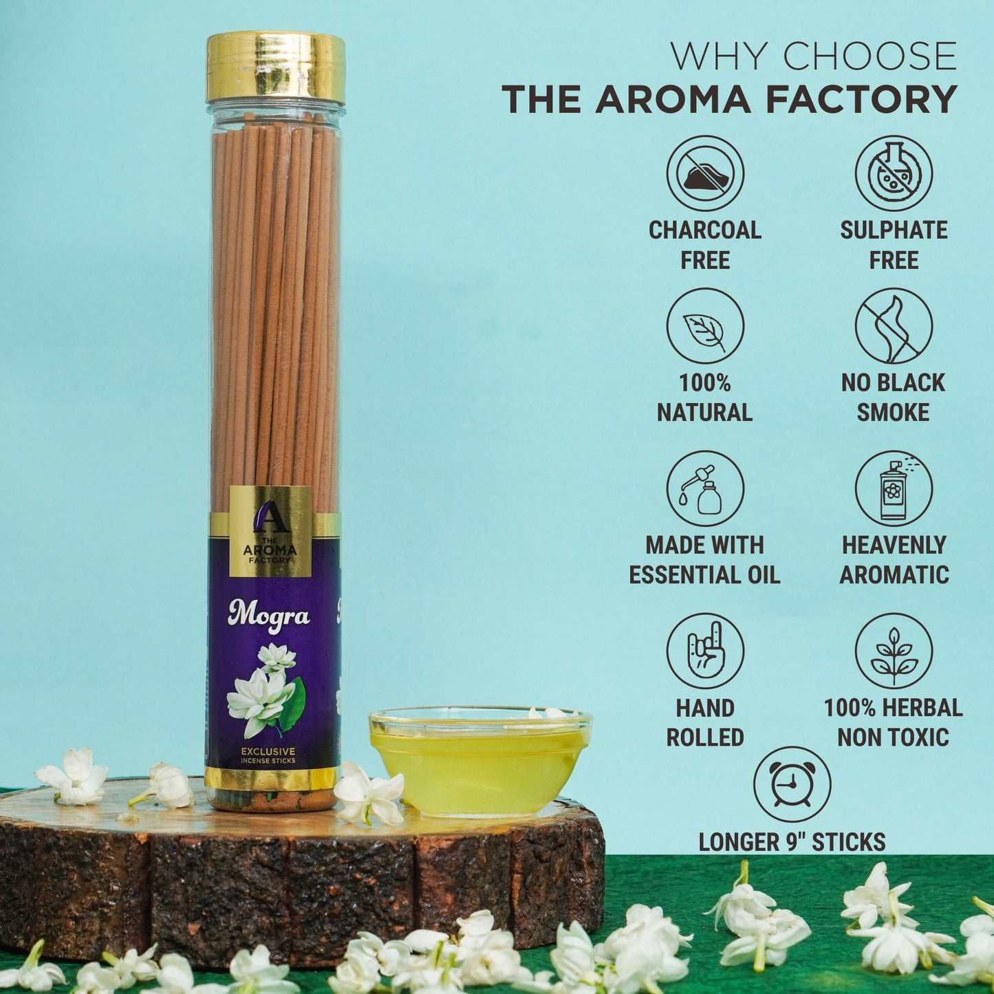 The Aroma Factory Mogra Incense Stick Agarbatti (0% Charcoal 0% Sulphates) Organic Agarbatti Bottle Pack, 100G