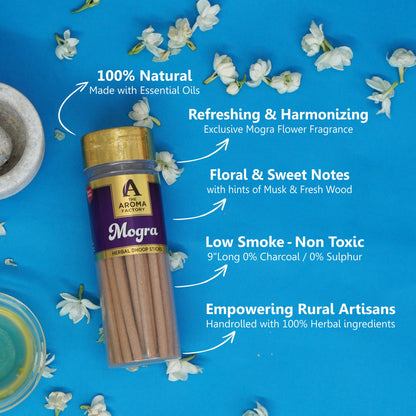 The Aroma Factory Mogra Dhoop Stick (0% Charcoal 0% Suphates) Herbal Bambooless Incense Dhoopbatti Bottle Pack, 100g