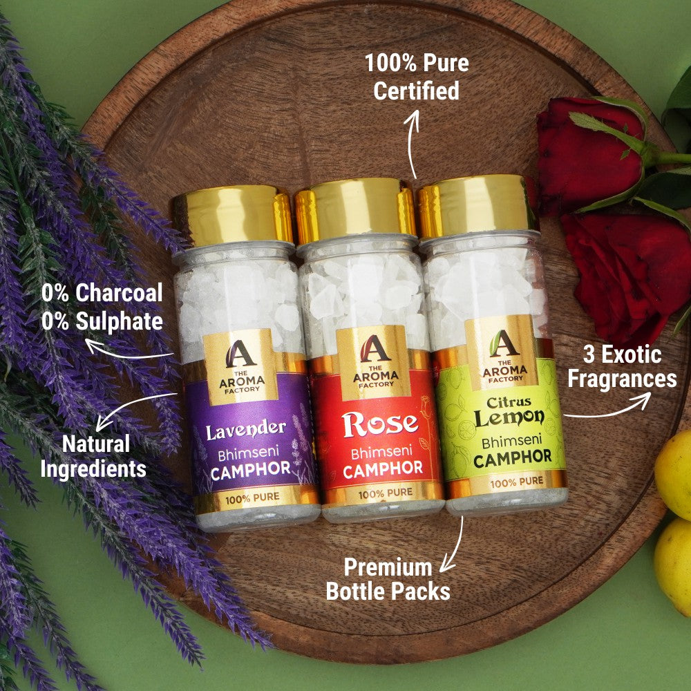 The Aroma Factory Pure Bhimseni Camphor, Lavender, Rose & Citrus Lemon, Zero Residue Kapoor with Fragrance for Pooja, Aarti Kapur | Bottle Pack of 3 x 80gm
